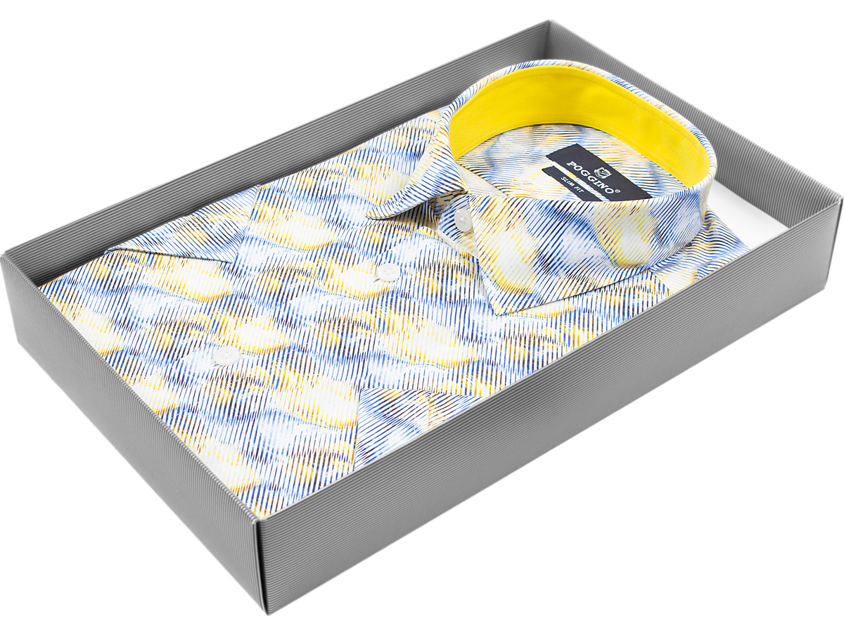 Разноцветная приталенная мужская рубашка Poggino 4000-48 в абстракции с коротким рукавом купить в Москве недорого