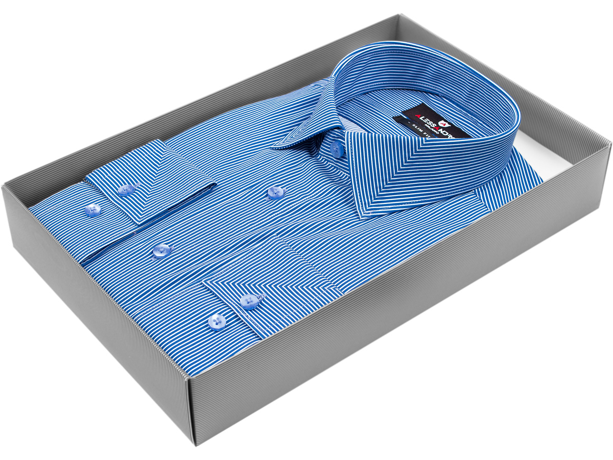 Синяя приталенная мужская рубашка Alessandro Milano 3001-49 в полоску с длинными рукавами купить в Москве недорого