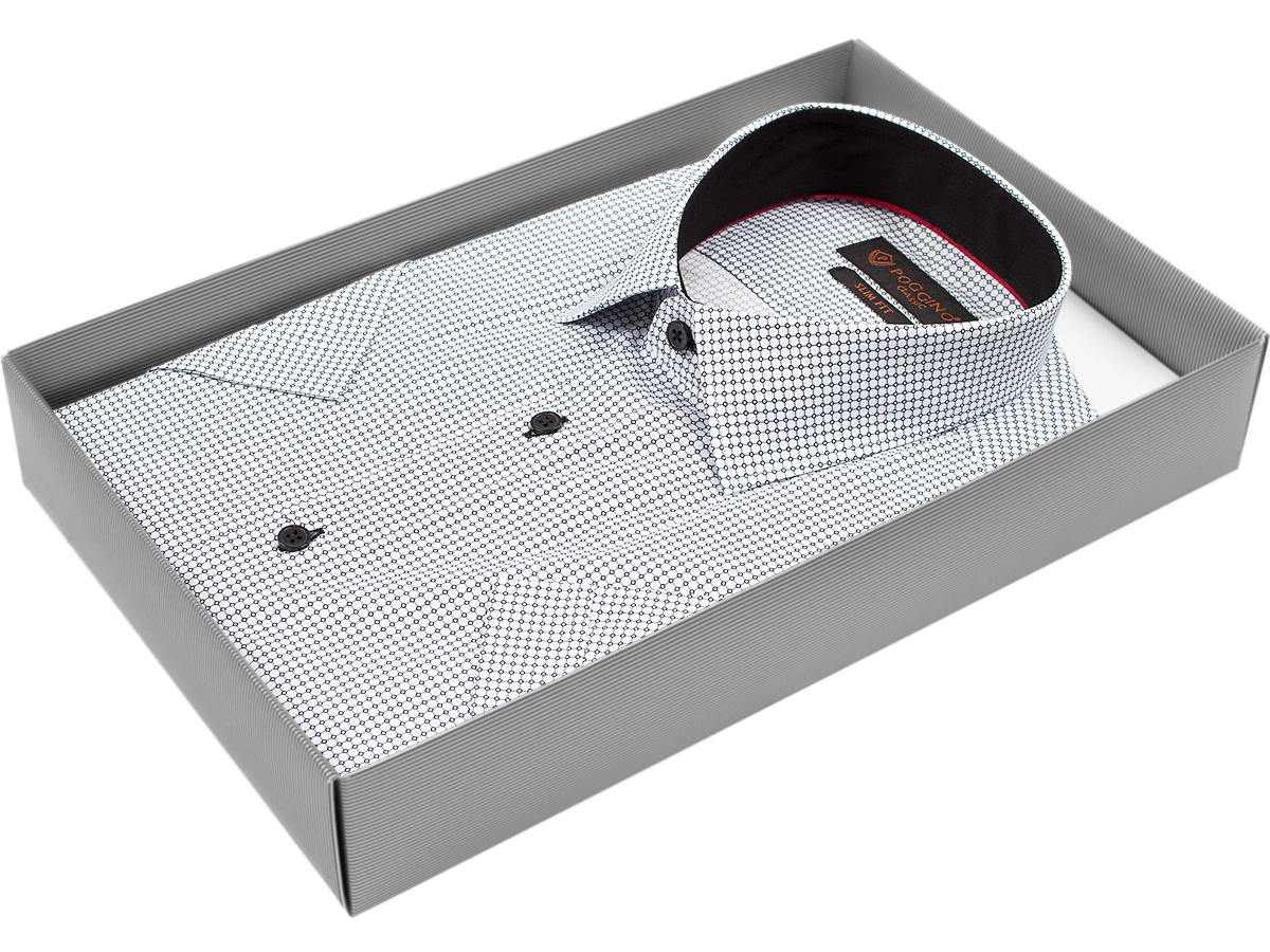 Стильная белая мужская рубашка Poggino 7000-30 рукав короткий силуэт приталенный стиль классический цвет белый в клетку 100% хлопок