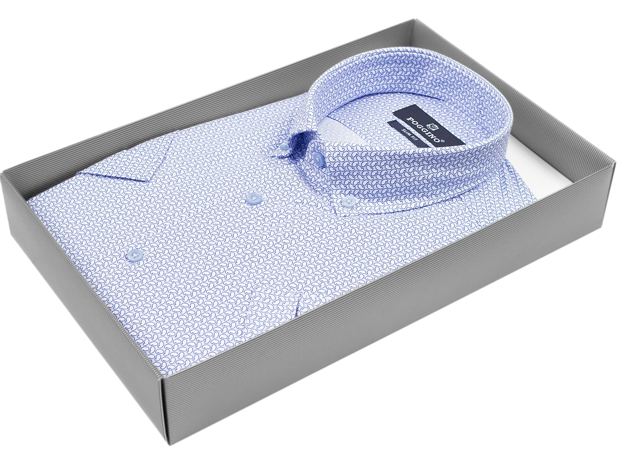 Голубая приталенная мужская рубашка Poggino 7001-55 в огурцах с коротким рукавом