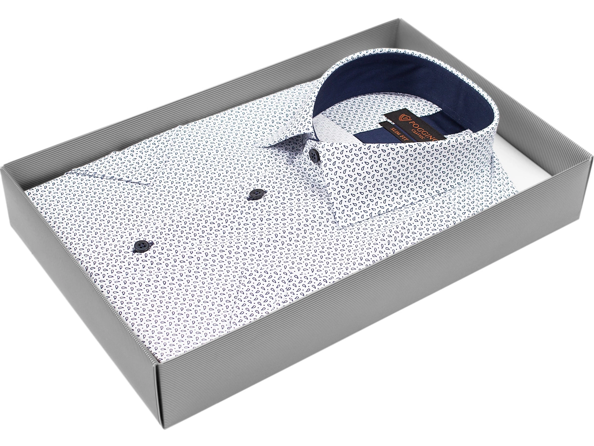 Белая приталенная мужская рубашка Poggino 7000-14 в огурцах с коротким рукавом купить в Москве недорого