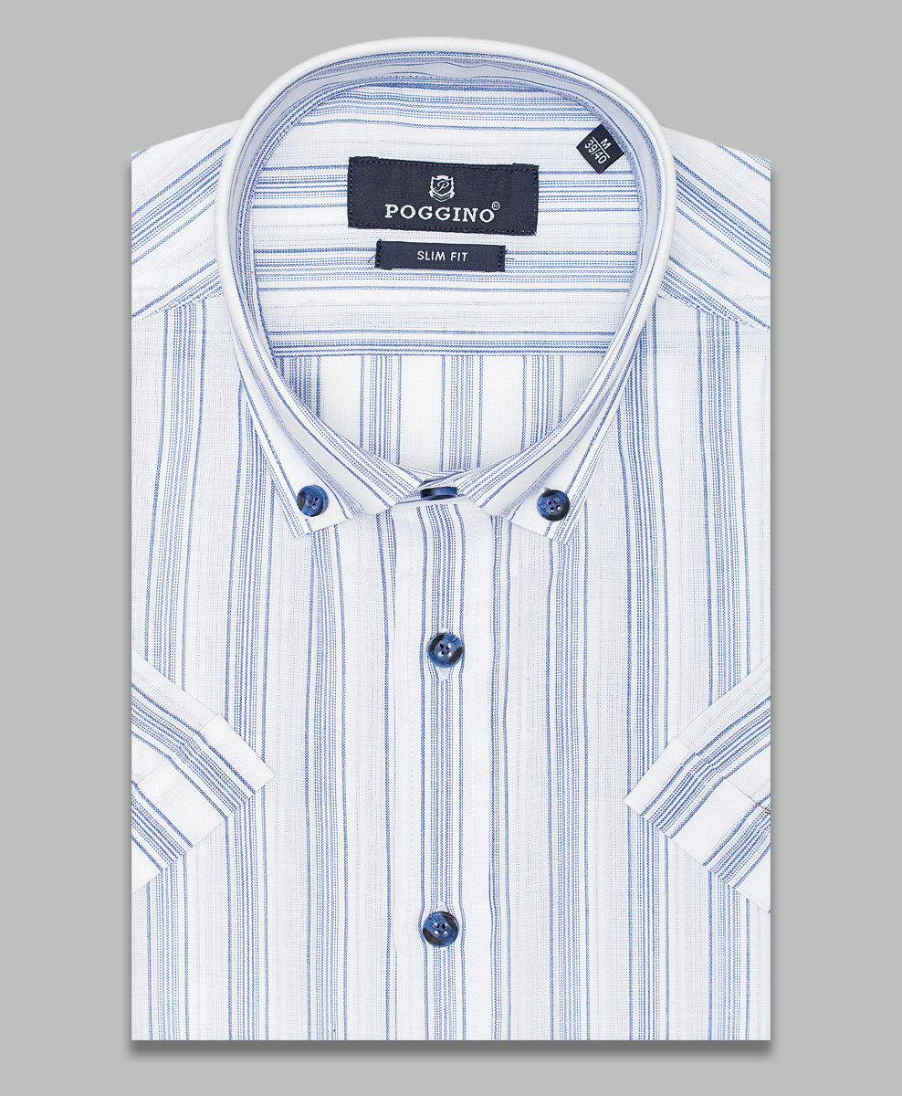 Летняя приталенная мужская рубашка Poggino 7001-14 в полоску с коротким рукавом