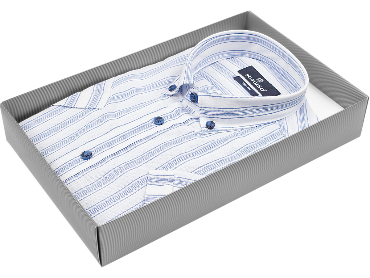 Стильная мужская рубашка Poggino 7001-14 рукав короткий силуэт приталенный стиль casual цвет белый в полоску 100% хлопок