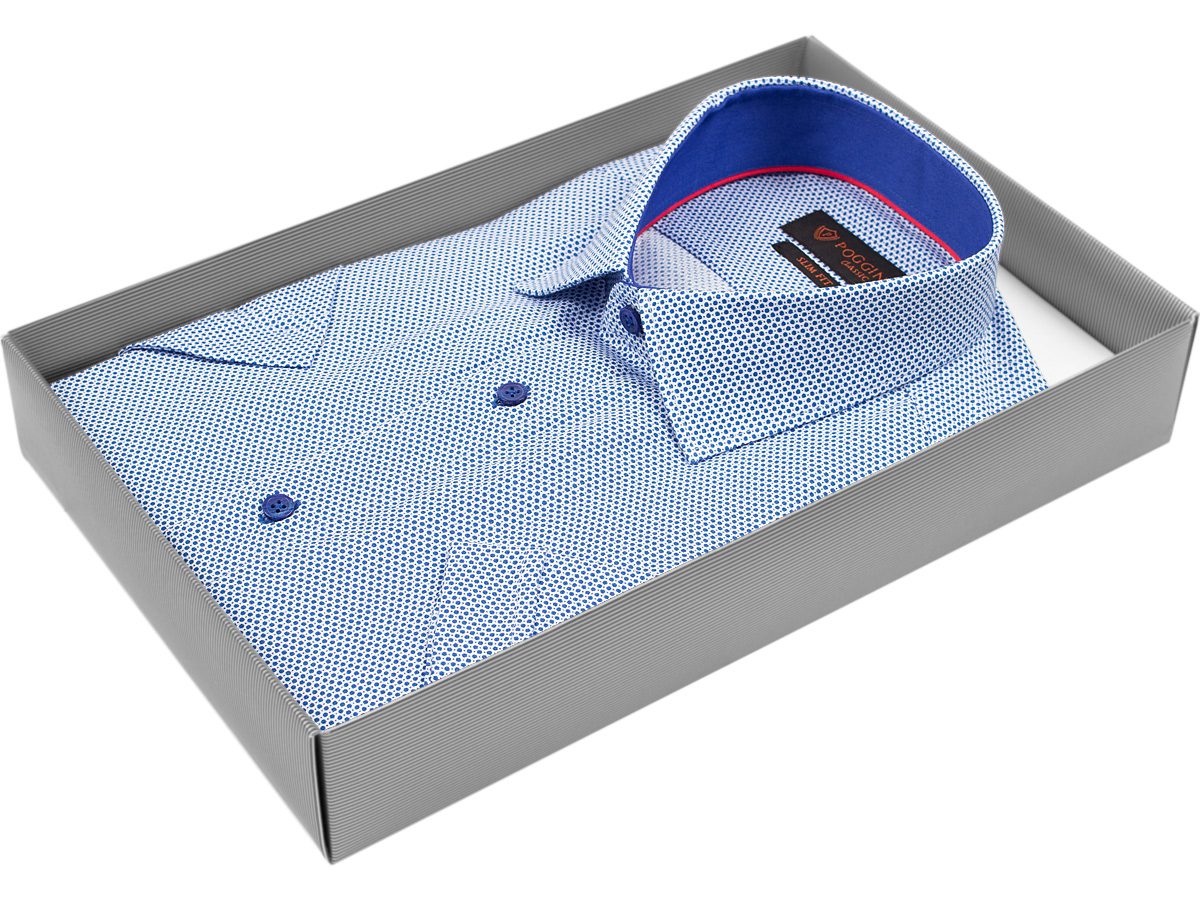Синяя приталенная мужская рубашка Poggino 7000-12 в горошек с коротким рукавом купить в Москве недорого