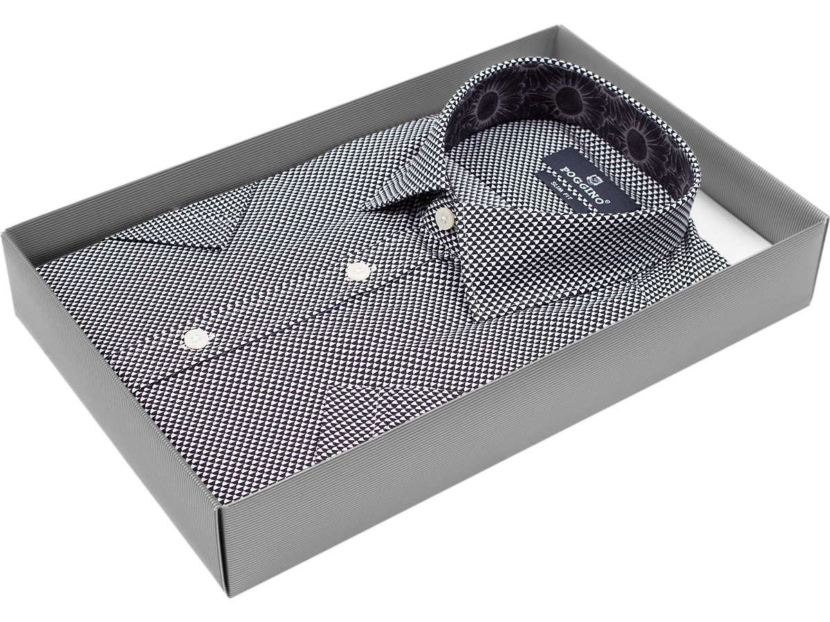 Черно-белая приталенная мужская рубашка Poggino 4000-78 с коротким рукавом купить в Москве недорого