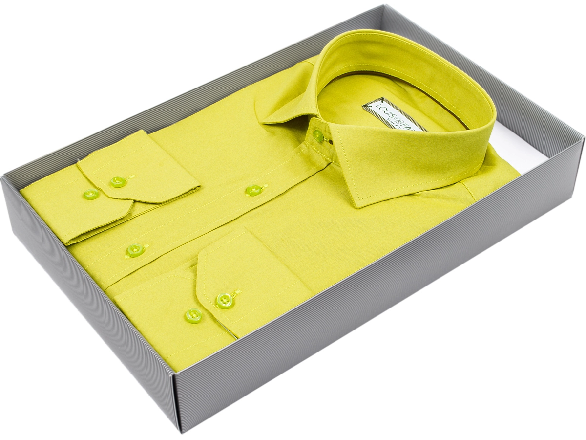 Мужская рубашка Louis Fabel приталенный цвет желто-зеленый однотонный купить в Москве недорого