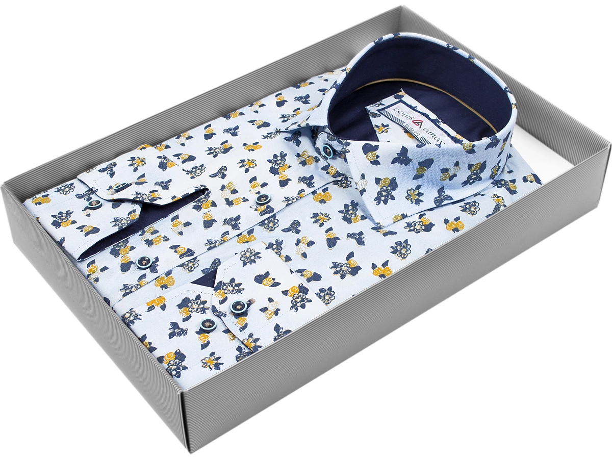 Голубая приталенная рубашка Louis Amava 5244-218 в розах с длинными рукавами купить в Москве недорого