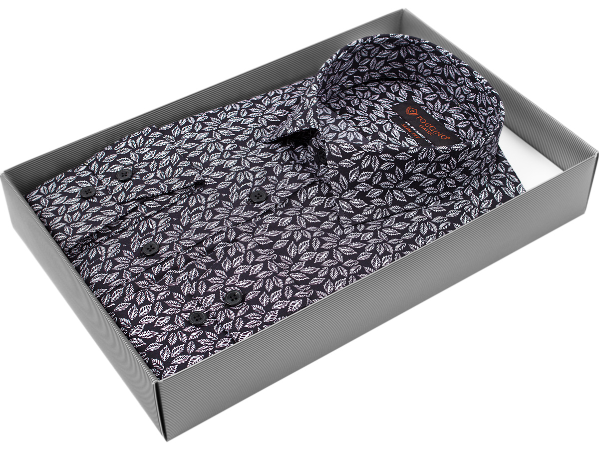 Черная приталенная мужская рубашка Poggino 7000-55 в листьях с длинными рукавами купить в Москве недорого
