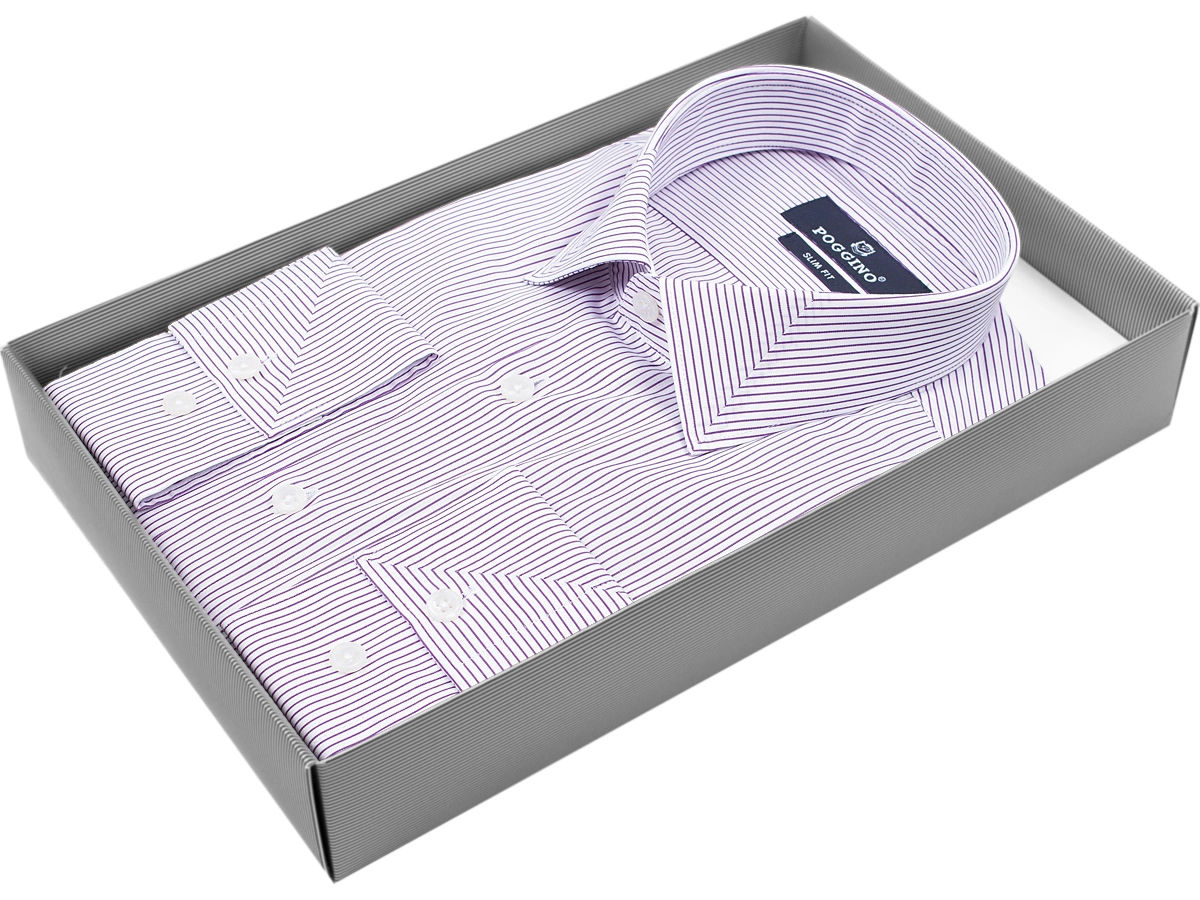 Сиреневая приталенная мужская рубашка Poggino 5009-78 в полоску с длинными рукавами купить в Москве недорого