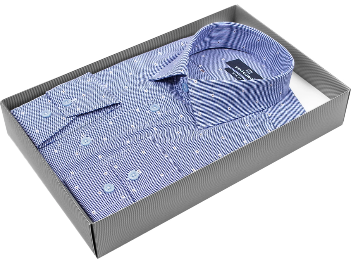 Синяя приталенная мужская рубашка Poggino 5009-52 в мелкую клетку с ромашками купить в Москве недорого