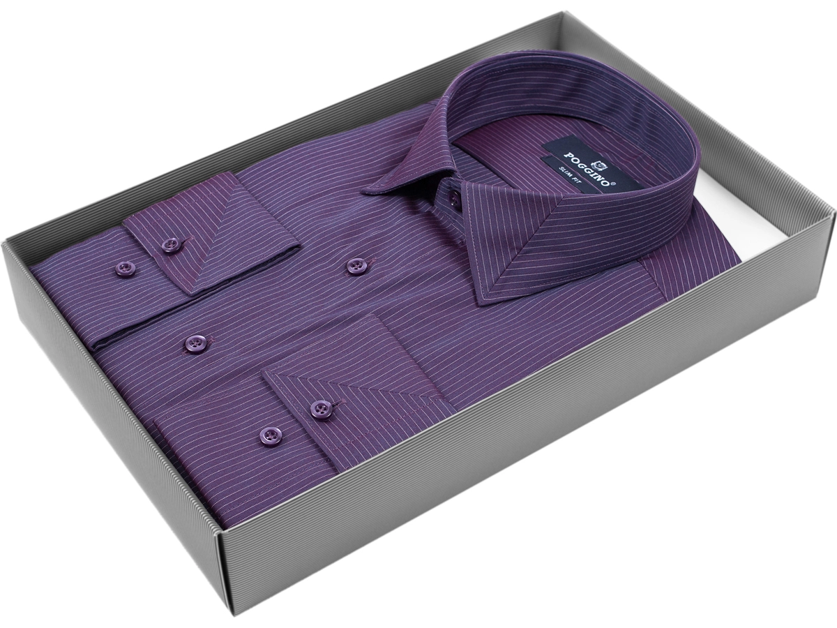 Фиолетовая приталенная рубашка Poggino 5009-77 в полоску с длинными рукавами купить в Москве недорого