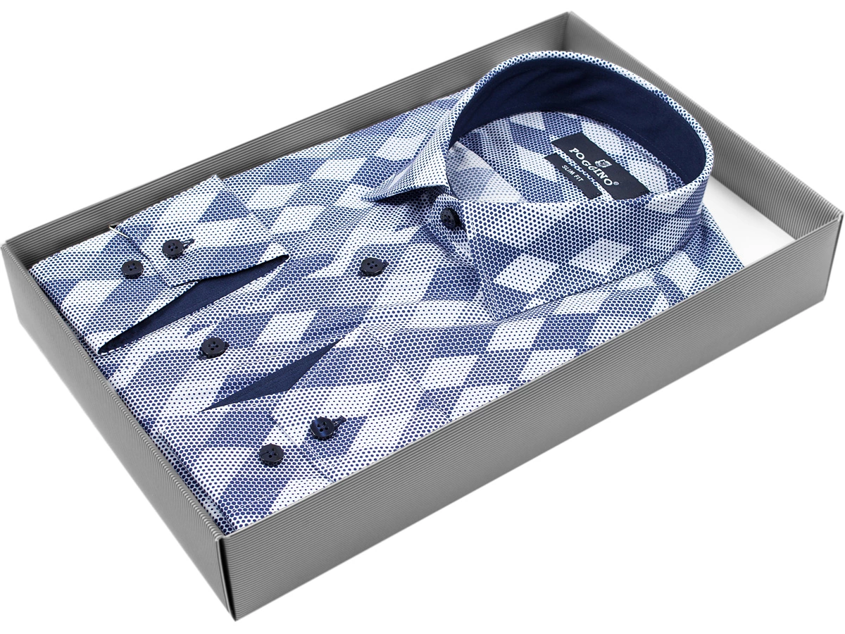 Синяя приталенная мужская рубашка Poggino 5006-16 в ромбах с длинными рукавами купить в Москве недорого