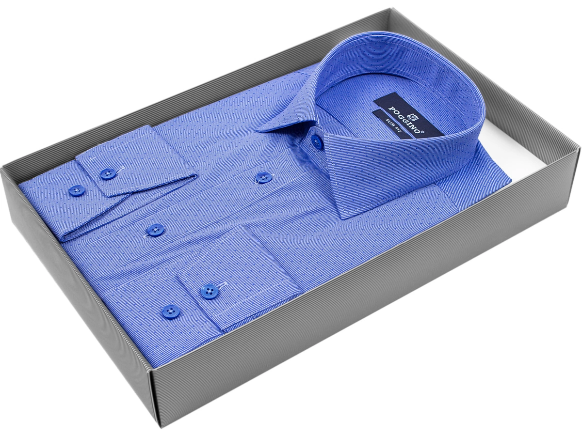 Синяя приталенная мужская рубашка Poggino 5009-56 в горошек с длинными рукавами купить в Москве недорого