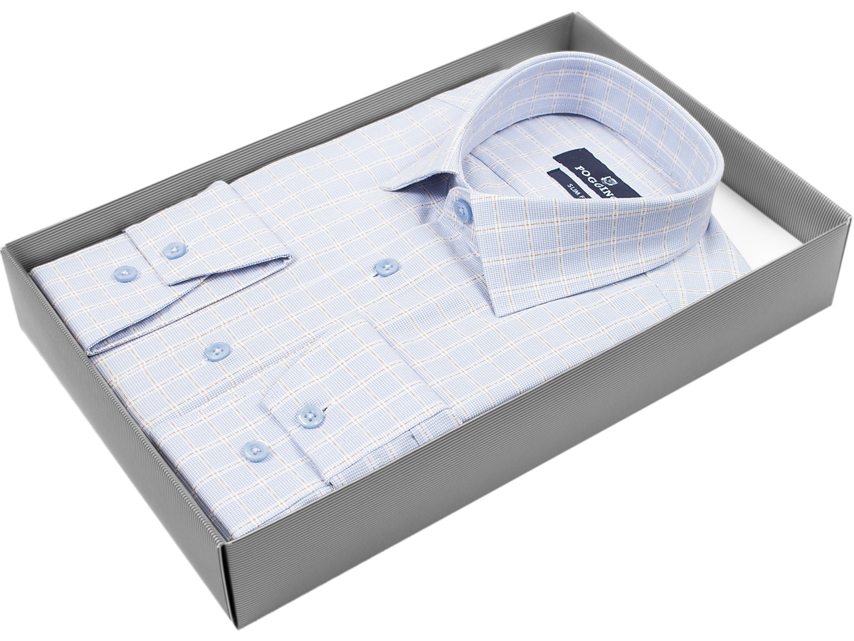 Бледно-голубая приталенная рубашка Poggino 5009-61 в клетку с длинными рукавами купить в Москве недорого