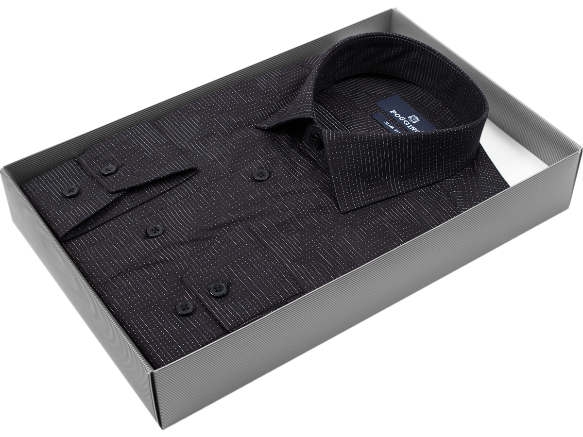 Черная приталенная рубашка Poggino 5009-38 в листьях с длинными рукавами