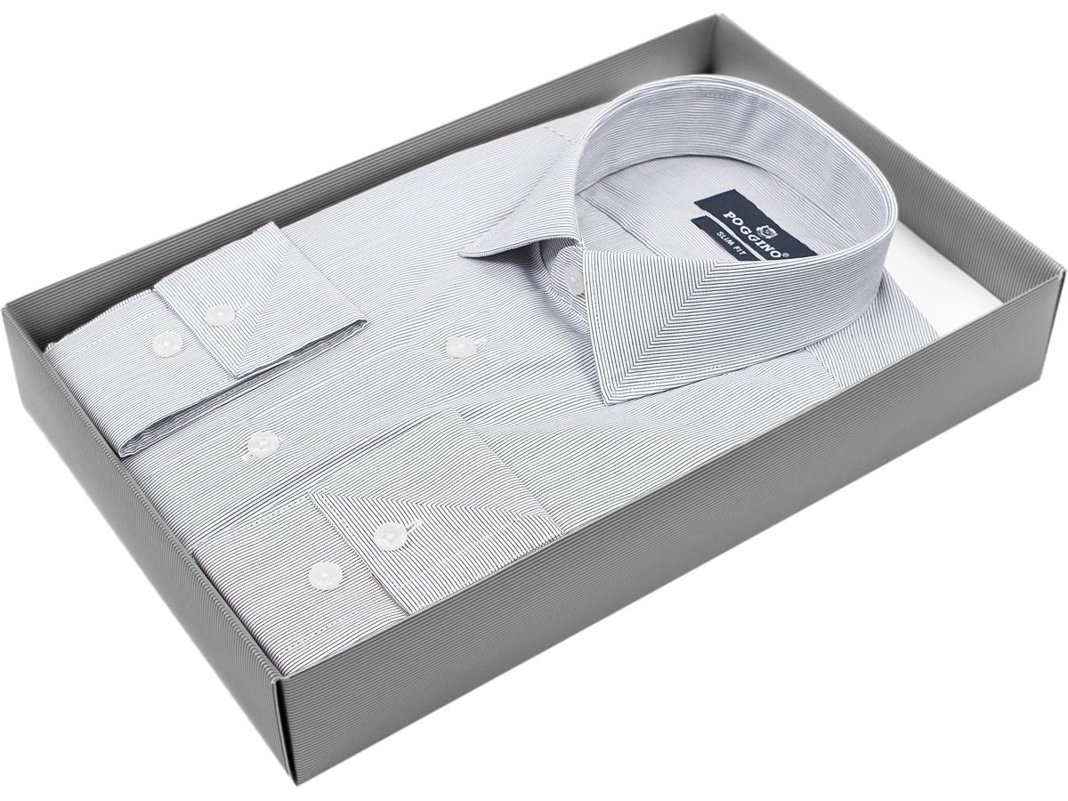 Серая приталенная мужская рубашка Poggino 5009-84 в полоску с длинными рукавами купить в Москве недорого