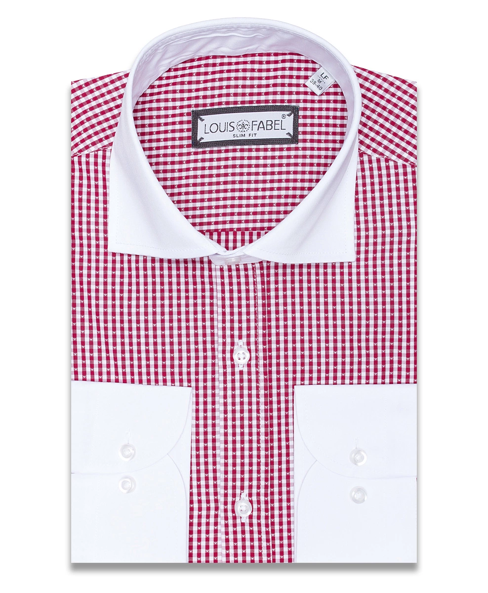 Бордовая комбинированная рубашка Louis Fabel 5244-186 в клетку с длинными рукавами