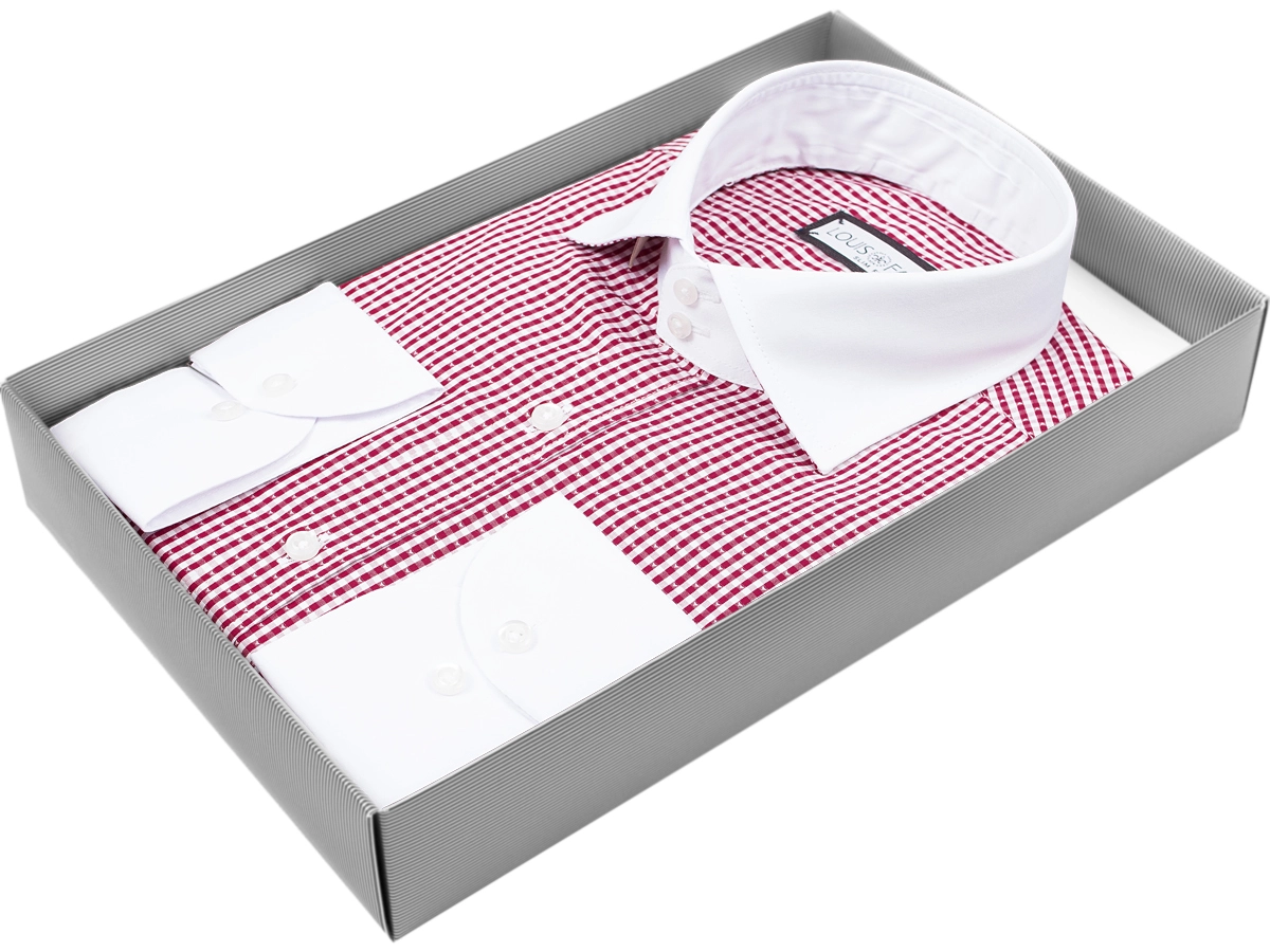 Бордовая комбинированная рубашка Louis Fabel 5244-186 в клетку с длинными рукавами купить в Москве недорого