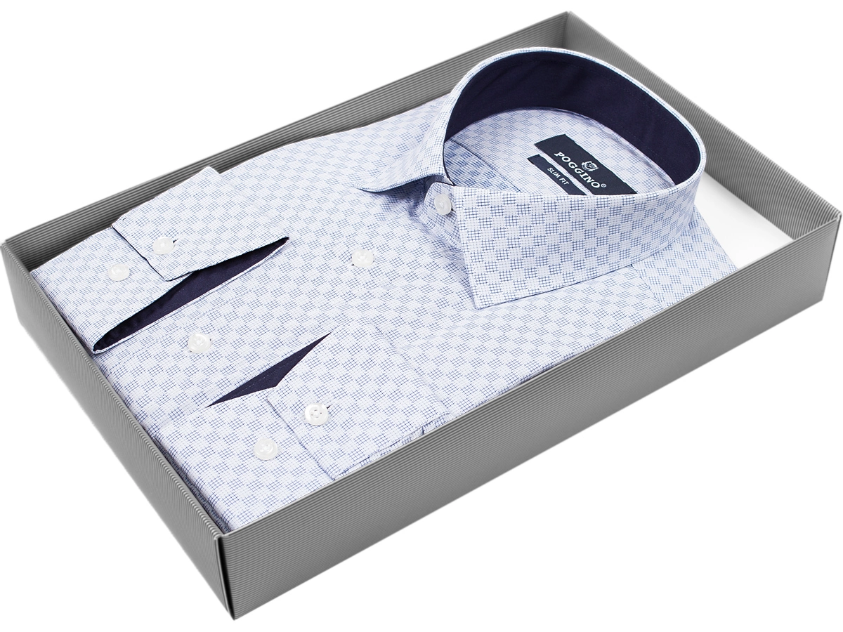 Серо-голубая приталенная рубашка Poggino 5008-09 в клетку с длинными рукавами купить в Москве недорого