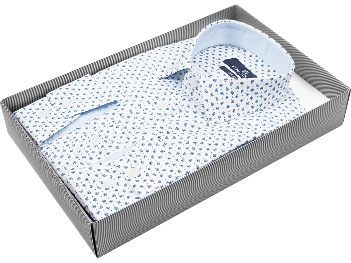 Стильная мужская рубашка Poggino 5009-23 силуэт приталенный стиль casual цвет белый в восточных огурцах 100% хлопок