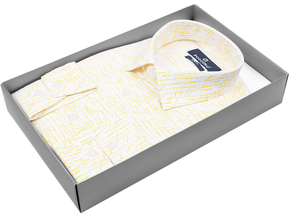 Стильная белая мужская рубашка Poggino 8009-05 рукав длинный силуэт приталенный стиль casual цвет желтый с рисунком 100% хлопок