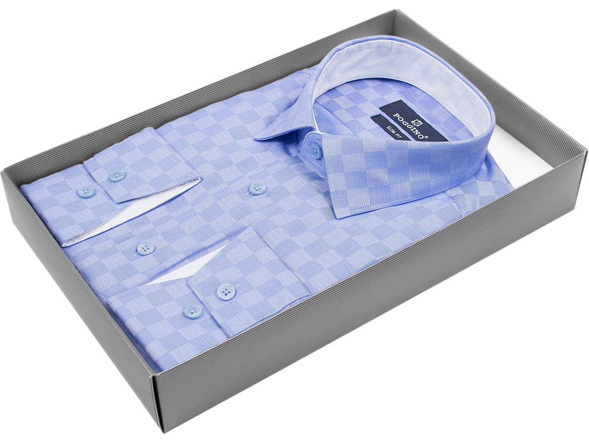 Синяя приталенная мужская рубашка Poggino 5007-34 в клетку с длинными рукавами купить в Москве недорого