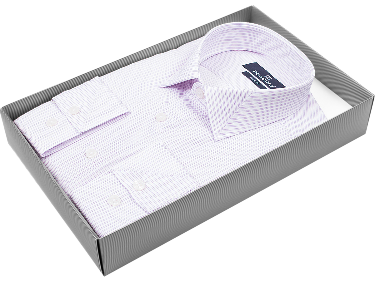 Сиреневая приталенная мужская рубашка Poggino 5009-81 в полоску с длинными рукавами купить в Москве недорого