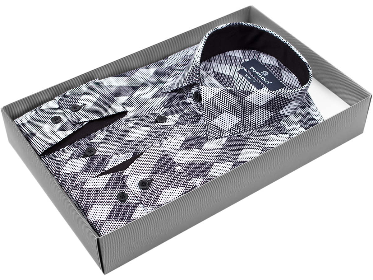 Черная приталенная мужская рубашка Poggino 5006-17 в ромбах с длинными рукавами купить в Москве недорого