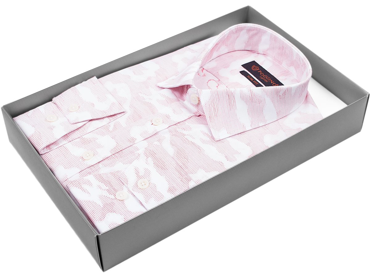 Розовая приталенная мужская рубашка Poggino 7000-53 в абстракции с длинными рукавами купить в Москве недорого