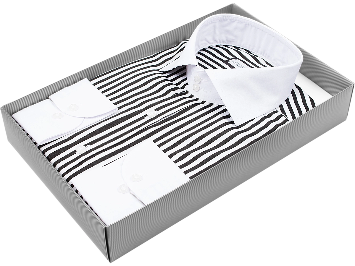 Мужская рубашка Louis Fabel приталенный цвет черно белый в полоску купить в Москве недорого