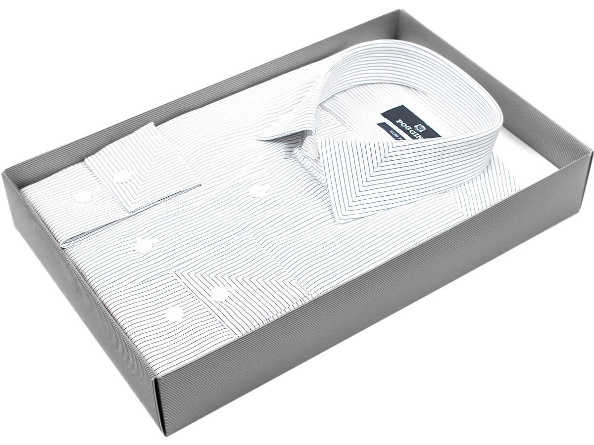 Белая приталенная мужская рубашка Poggino 5009-11 в полоску с длинными рукавами купить в Москве недорого