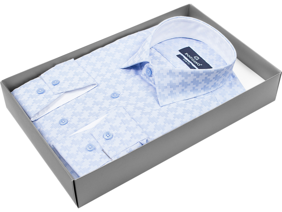 Голубая приталенная мужская рубашка Poggino 5008-33 в узорах с длинными рукавами купить в Москве недорого
