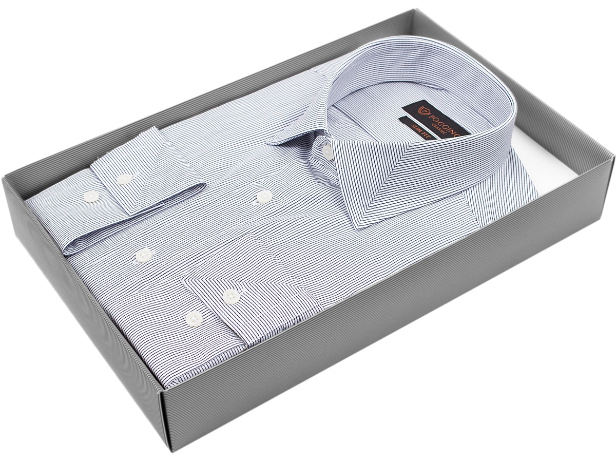 Светло-серая приталенная мужская рубашка Poggino 7000-76 в полоску с длинными рукавами купить в Москве недорого