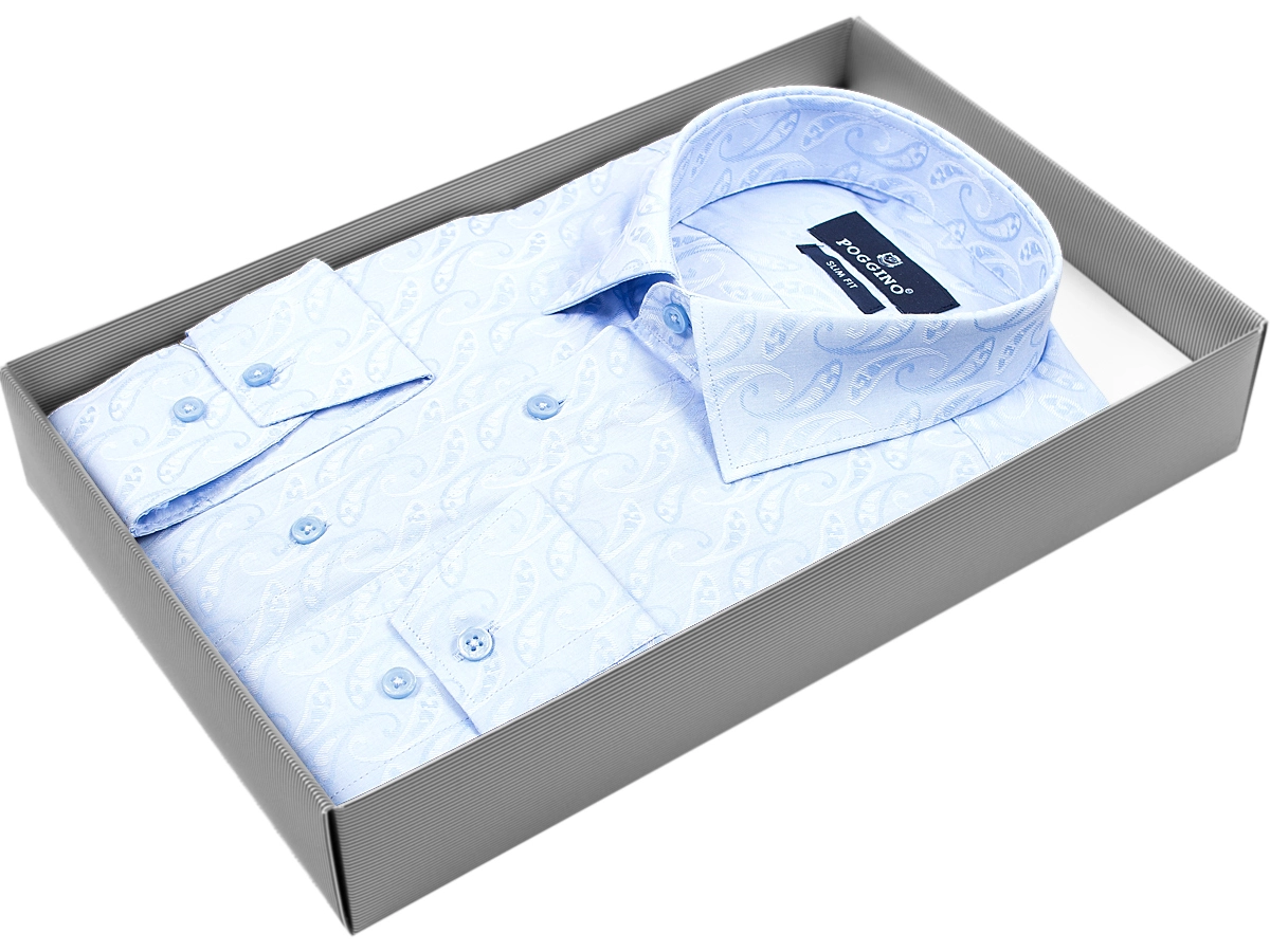 Голубая приталенная мужская рубашка Poggino 5008-49 в огурцах с длинным рукавом купить в Москве недорого
