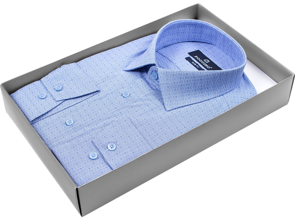 Синяя приталенная мужская рубашка Poggino 5008-55 в клетку с длинными рукавами купить в Москве недорого