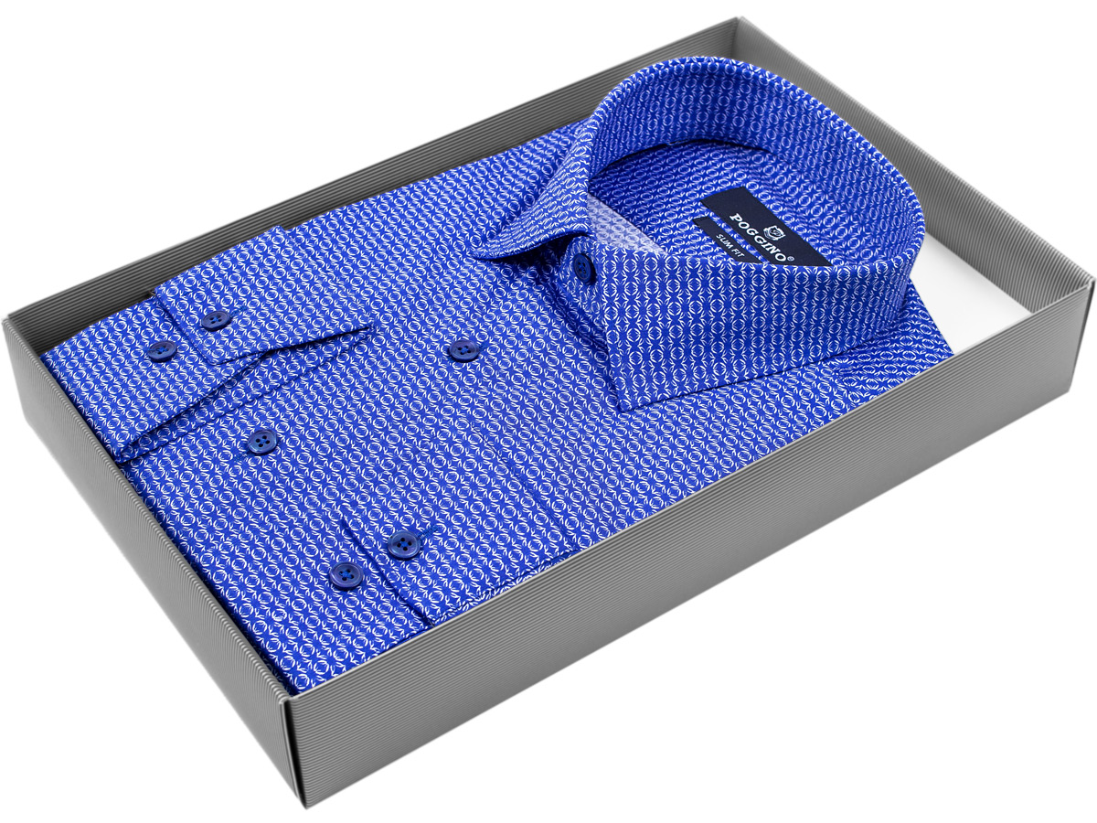 Синяя приталенная мужская рубашка Poggino 5009-05 в узорах с длинным рукавом купить в Москве недорого