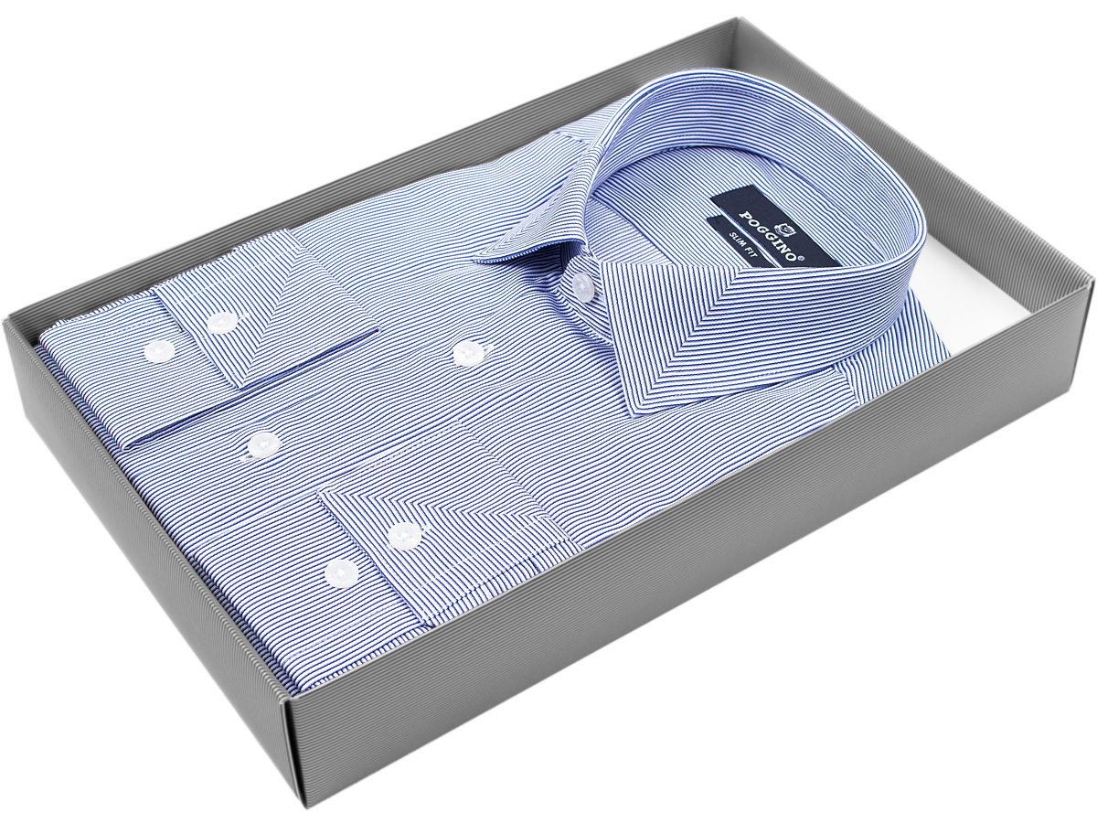Синяя приталенная мужская рубашка Poggino 5009-83 в полоску с длинным рукавом купить в Москве недорого