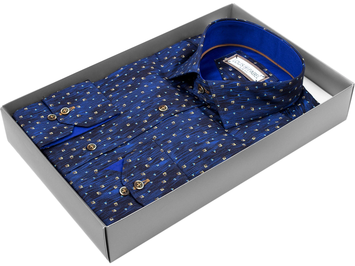 Мужская рубашка Louis Fabel приталенный цвет темно синий с рисунком купить в Москве недорого