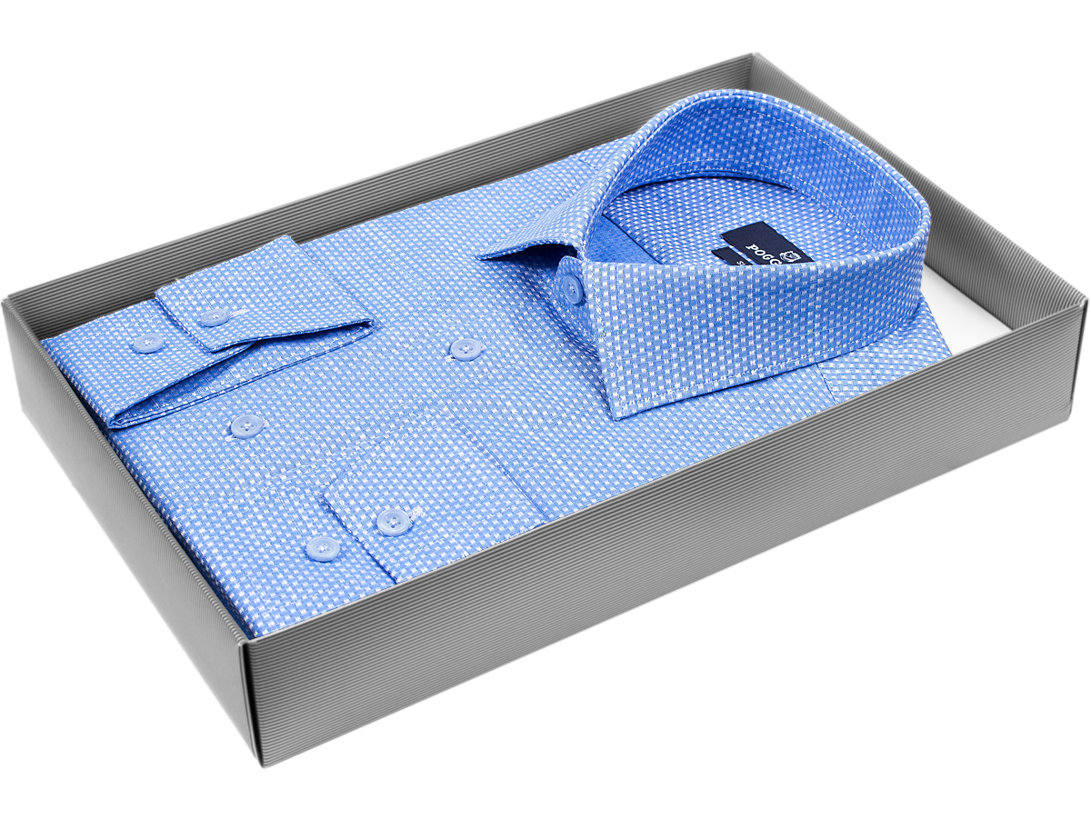 Голубая приталенная мужская рубашка Poggino 5010-68 в отрезках с длинным рукавом купить в Москве недорого