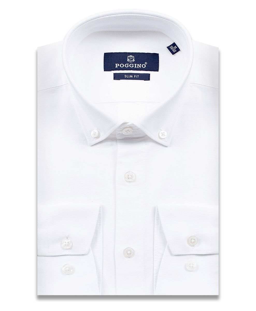 Белая приталенная мужская рубашка Poggino 5010-117 с длинными рукавами и воротником баттен-даун