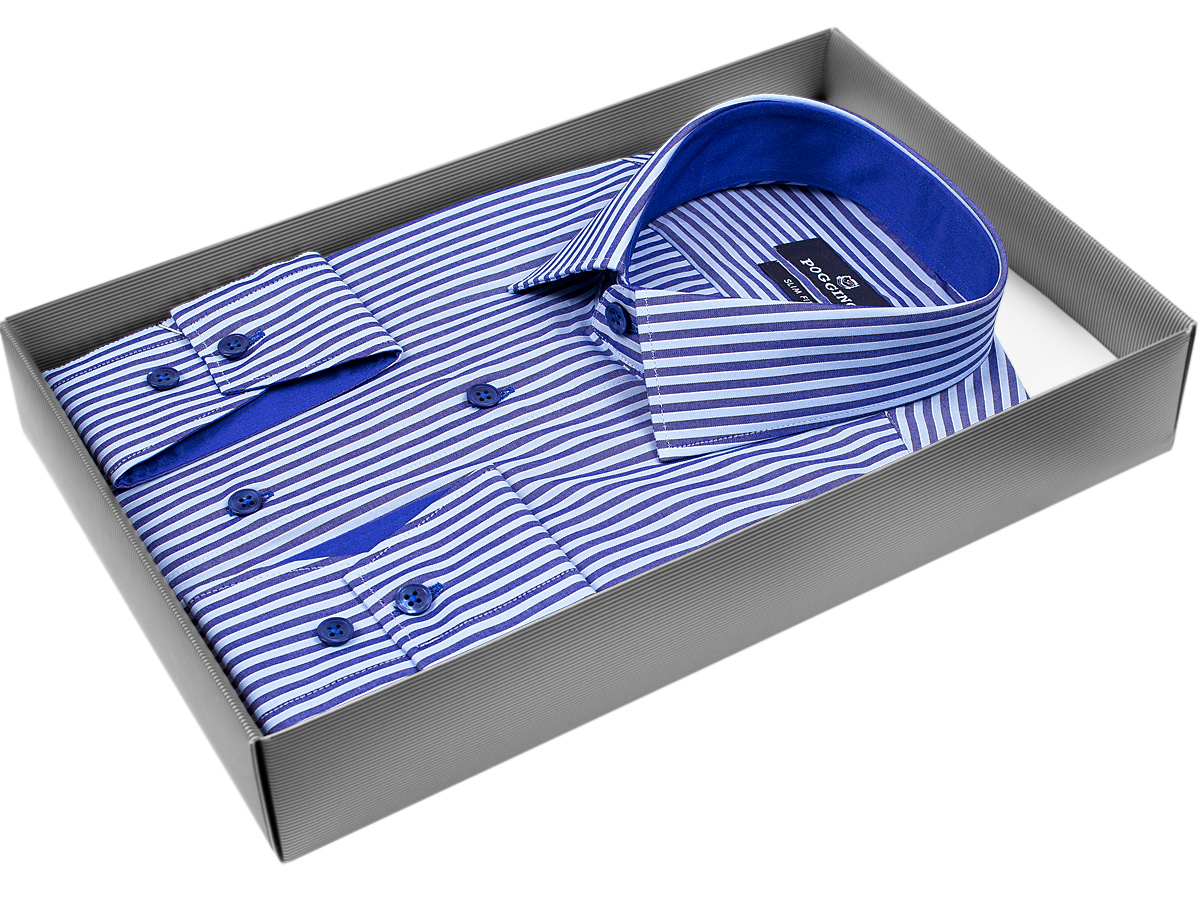 Синяя приталенная мужская рубашка Poggino 5010-104 в полоску с длинными рукавами купить в Москве недорого