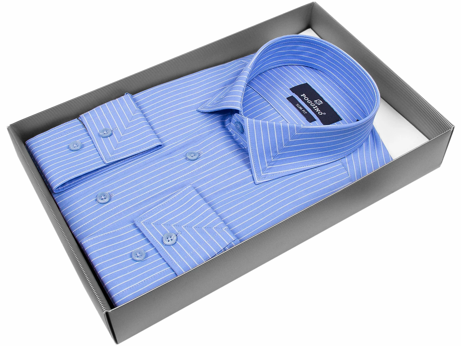 Голубая приталенная мужская рубашка Poggino 5009-71 в полоску с длинными рукавами купить в Москве недорого