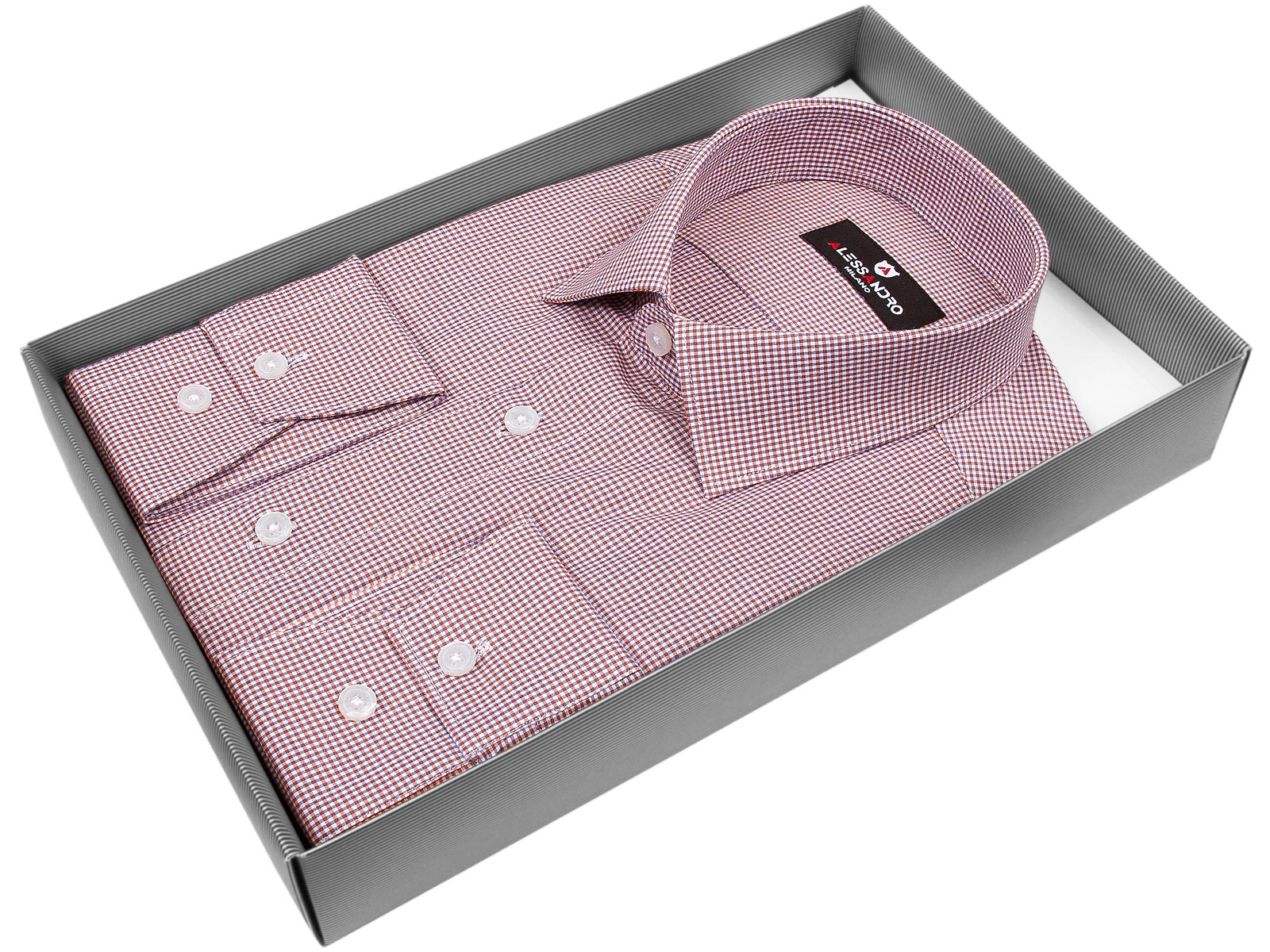 Бледно-бордовая приталенная мужская рубашка Alessandro Milano 1100-05 в клетку с длинными рукавами купить в Москве недорого