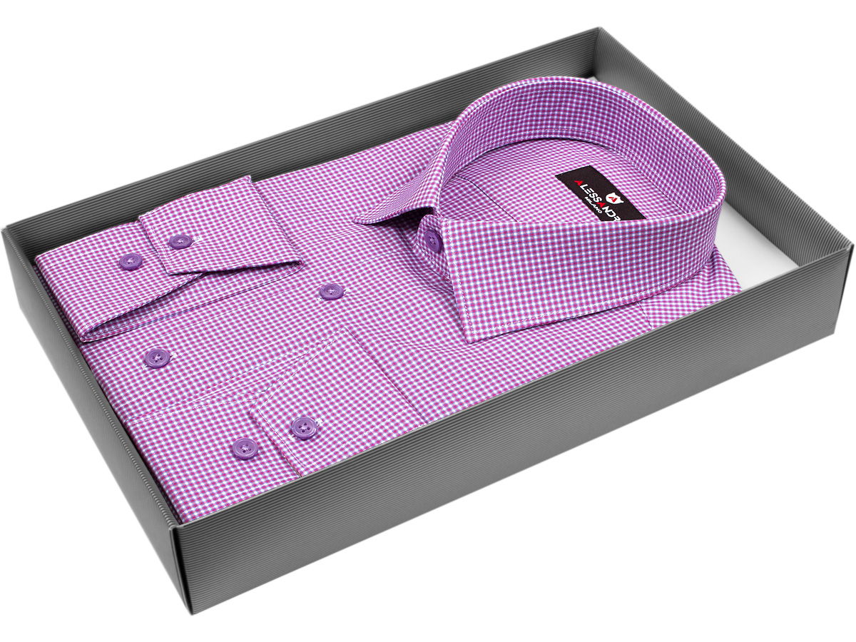 Бледно-пурпурная приталенная мужская рубашка Alessandro Milano 1100-04 в клетку с длинными рукавами