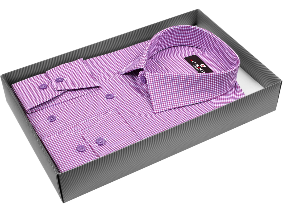 Мужская рубашка силуэт приталенный цвет бледно-пурпурный в клетку