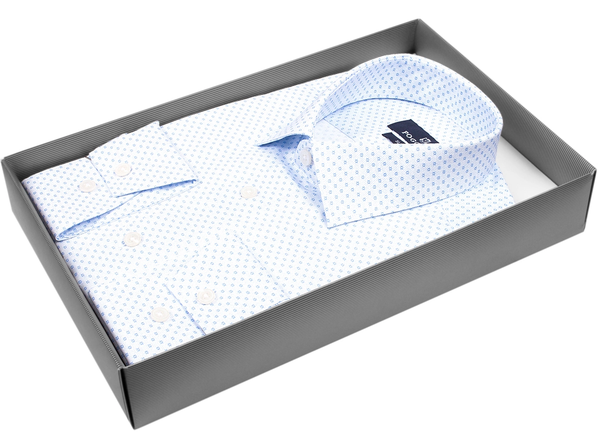 Голубая приталенная мужская рубашка Poggino 5010-73 в звездочках с длинными рукавами купить в Москве недорого