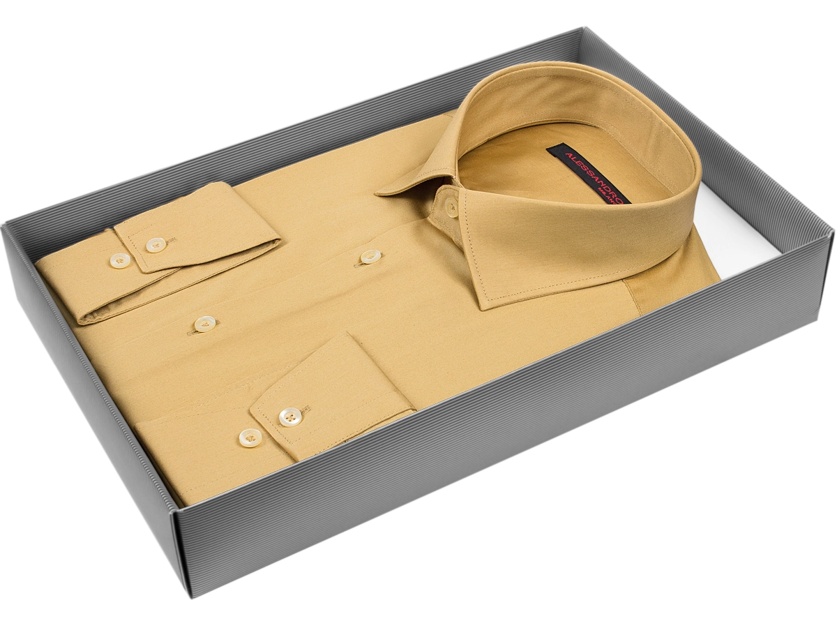 Горчичная приталенная мужская рубашка Alessandro Milano Limited Edition 2075-15 с длинными рукавами купить в Москве недорого