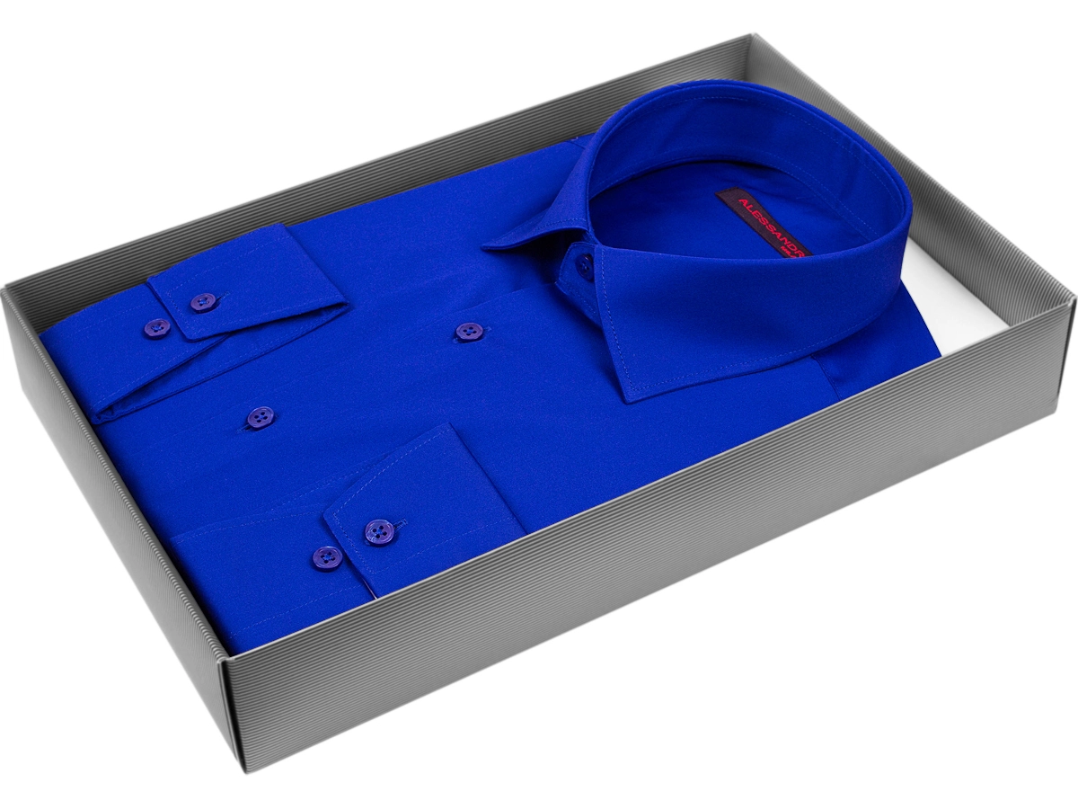 Мужская рубашка силуэт приталенный цвет королевский синий однотонный