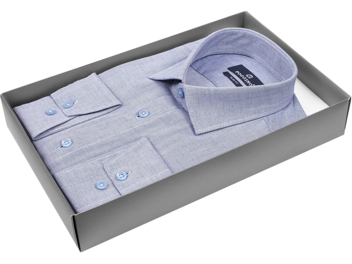 Светло-синяя приталенная мужская рубашка Poggino 4444-02 меланж с длинными рукавами купить в Москве недорого