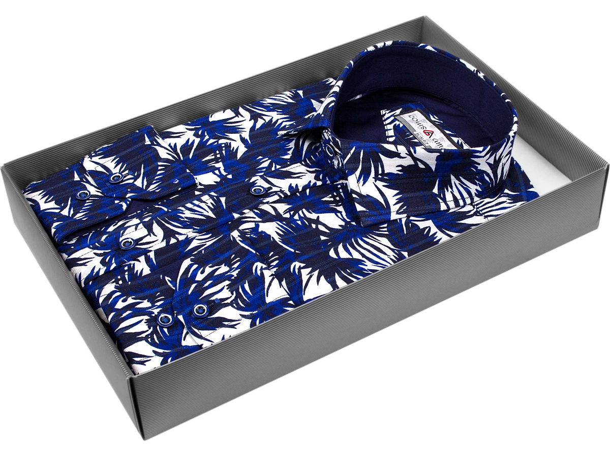 Темно-синяя приталенная мужская рубашка Louis Amava 9210-10 в листьях с длинными рукавами